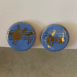 Vintage Enamel Light Blue Gold Painted Music Note Clip On Earrings